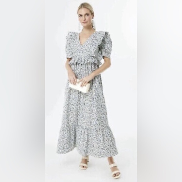 Hyacinth House Blue Floral Maxi Dress Puff Sleeve Ruffle Prairie Cottagecore XS - Picture 2 of 13